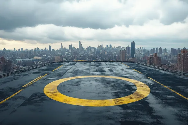 Wet rooftop helipad with a large yellow circle marking and a distant dense city skyline under cloudy overcast weather.