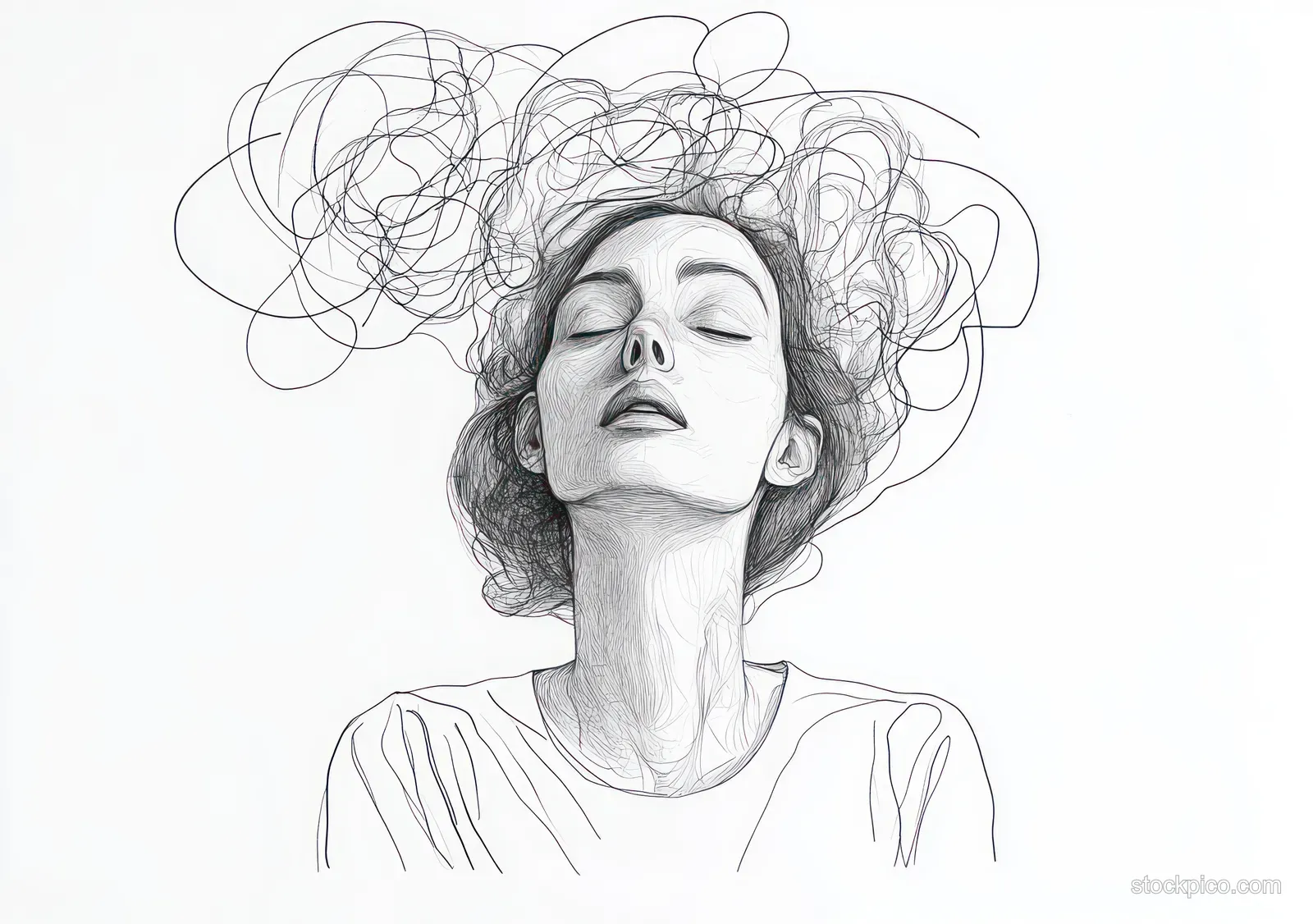 Monochrome line portrait of a woman with closed eyes as her hair swirls into abstract chaotic lines.
