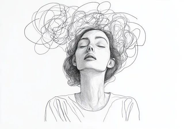 Monochrome line portrait of a woman with closed eyes as her hair swirls into abstract chaotic lines.