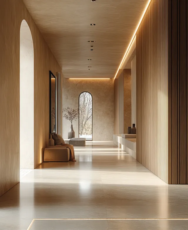 Minimalist corridor interior with arched windows, beige walls, warm lighting, modern seating, and a vase with branches.