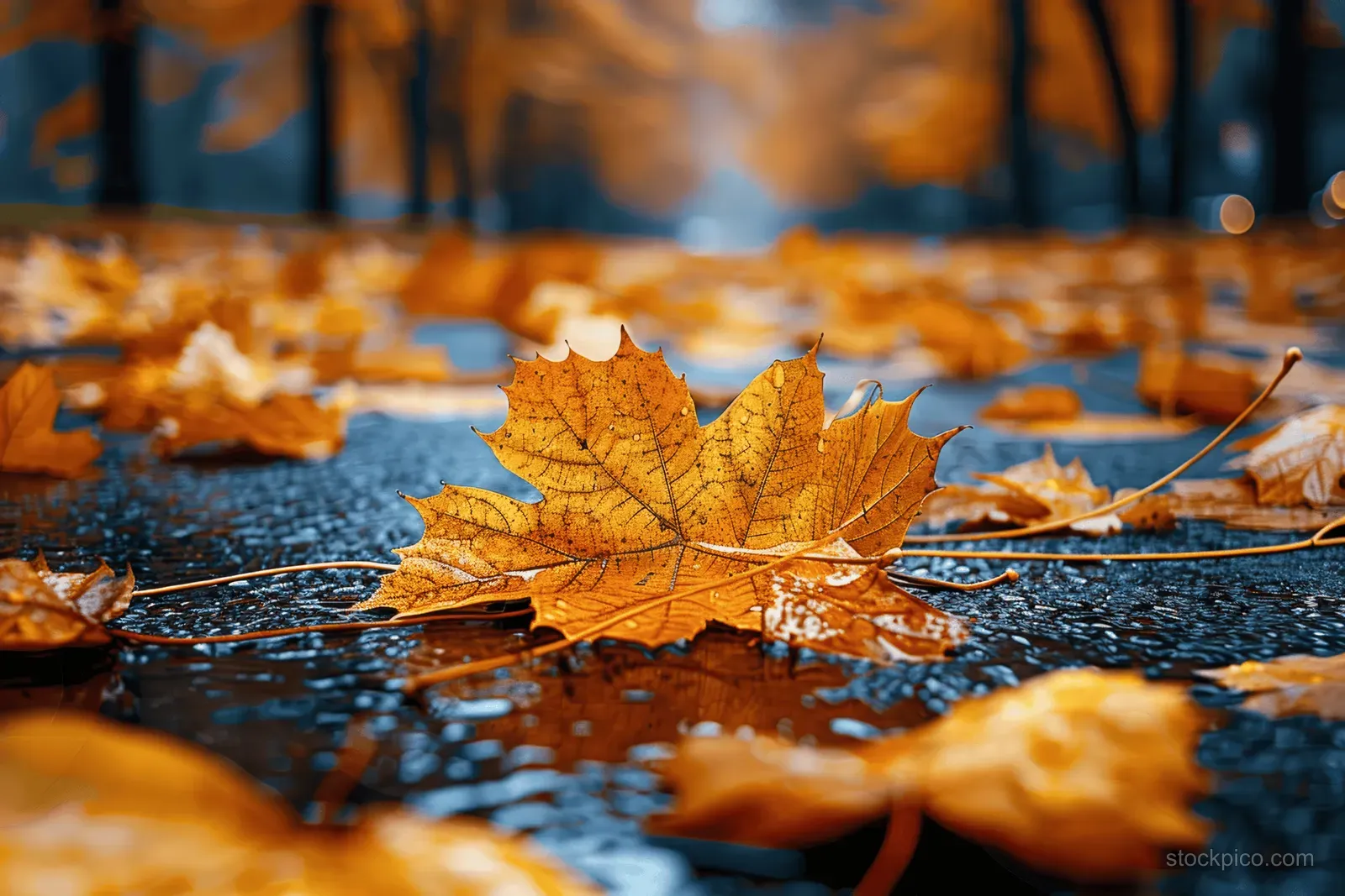 Golden autumn leaves scattered on rain-wet asphalt with a single leaf in sharp focus near sunset.