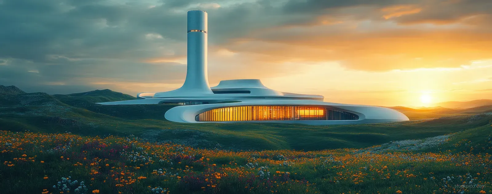Futuristic carbon capture facility with glowing stacks overlooks a lush green valley at sunset under dramatic clouds.