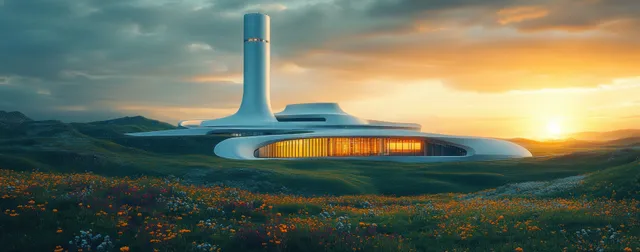 Futuristic carbon capture facility with glowing stacks overlooks a lush green valley at sunset under dramatic clouds.