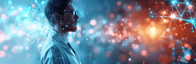 A virtual doctor faces glowing screens of digital health records with network-style connections in the background.