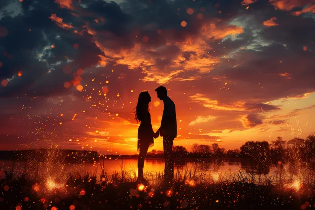 Silhouette of a young couple holding hands at lakeside sunset with fiery glowing particles