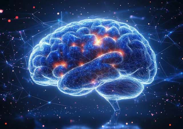 A glowing digital human brain in dark space connected by neural network lines with bright synapse firing points.