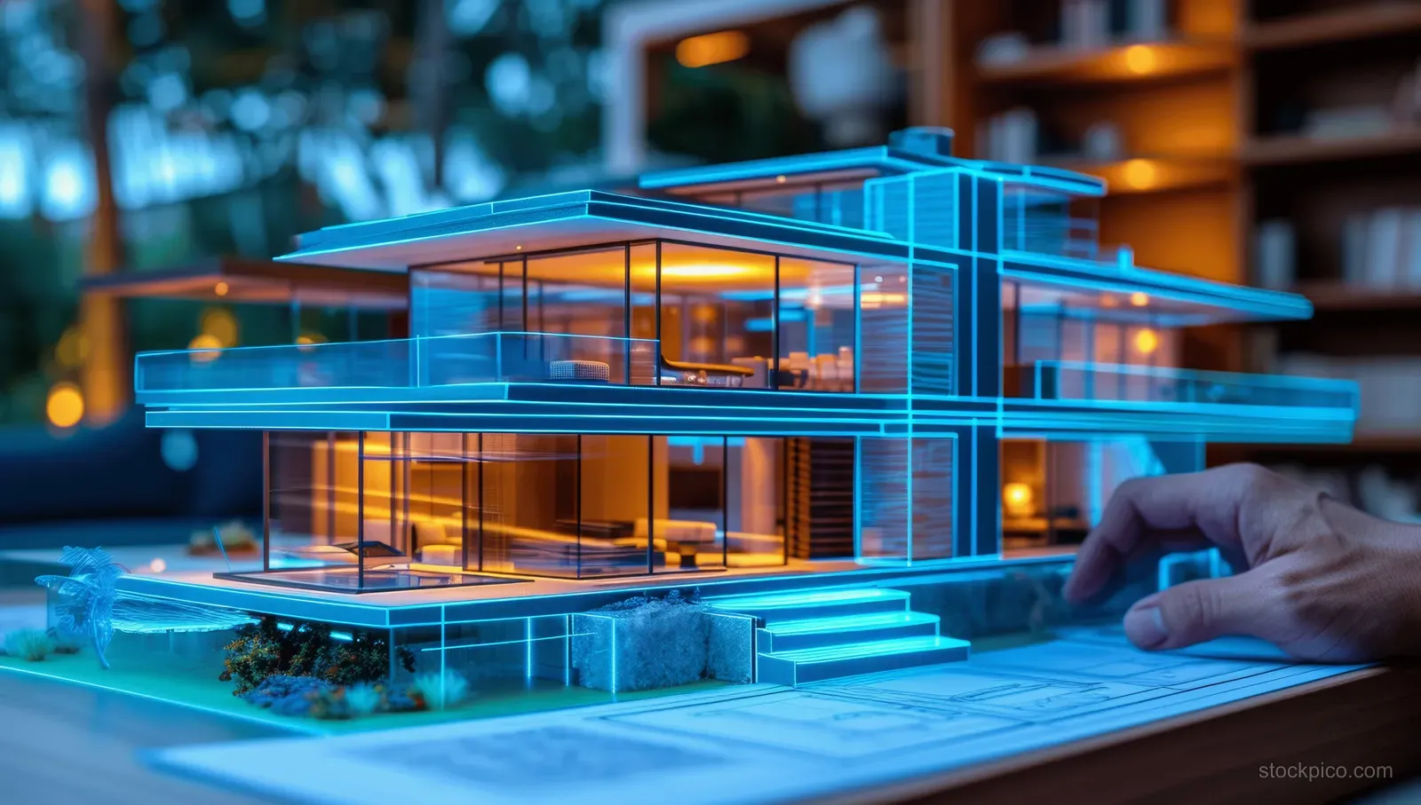 A hand adjusts a miniature building model as a glowing blue holographic blueprint structure hovers above it.