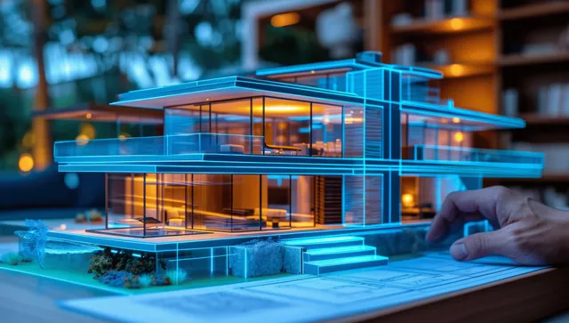 Architectural hologram over miniature building model with hand adjusting blueprints on desk