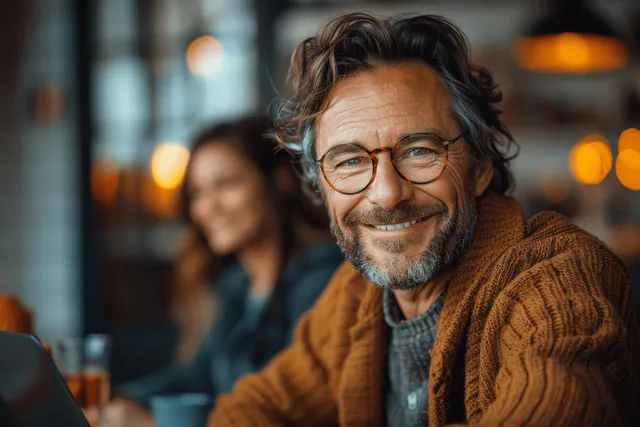 Cheerful man in glasses working on laptop during online meeting at desk