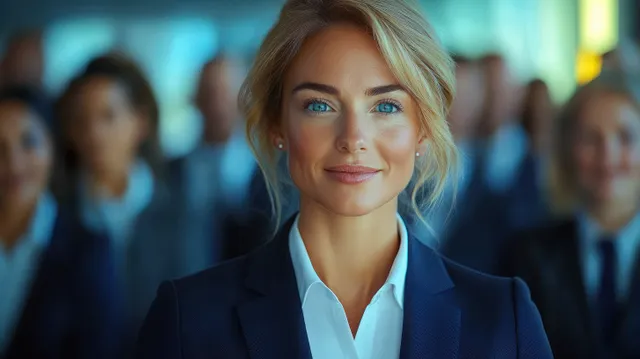 Confident woman in business suit leading a diverse team in a modern office