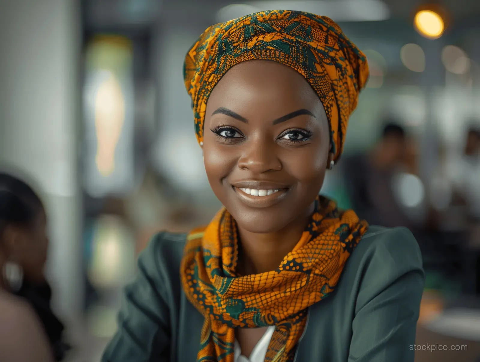 A smiling African businesswoman in a patterned headscarf leads a team meeting in a modern office.