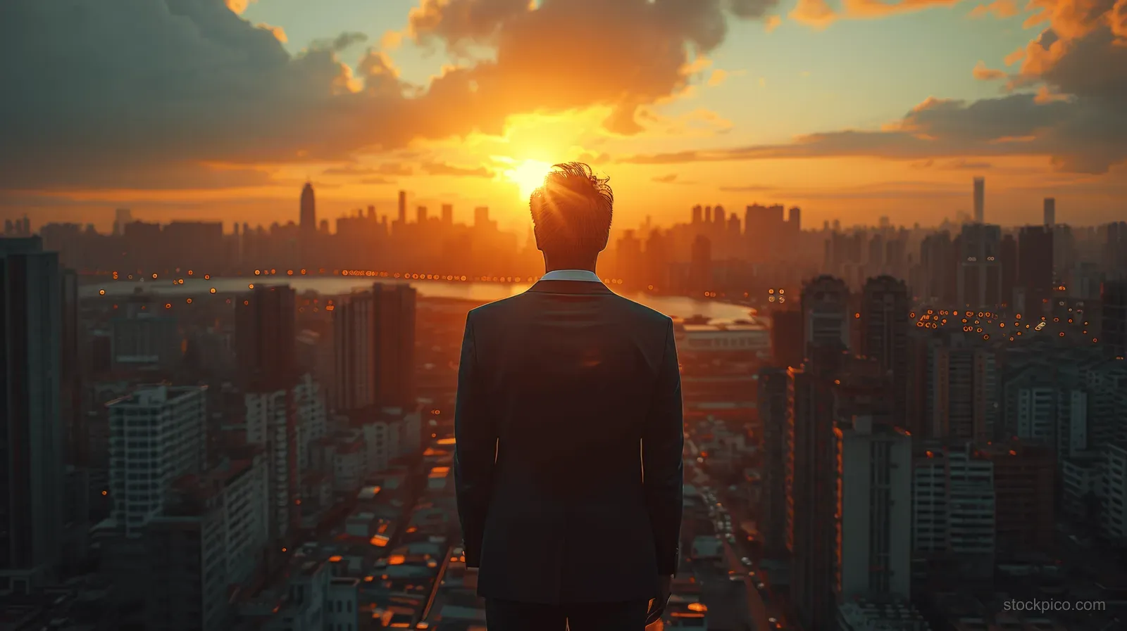 A suited businessman stands by an office window, gazing over a sunset-lit city skyline.