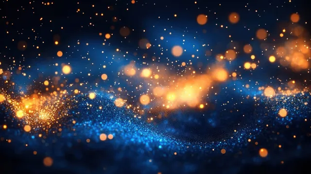 Golden and blue glowing particles form a swirling wave across a dark cosmic mist with spark-like highlights.