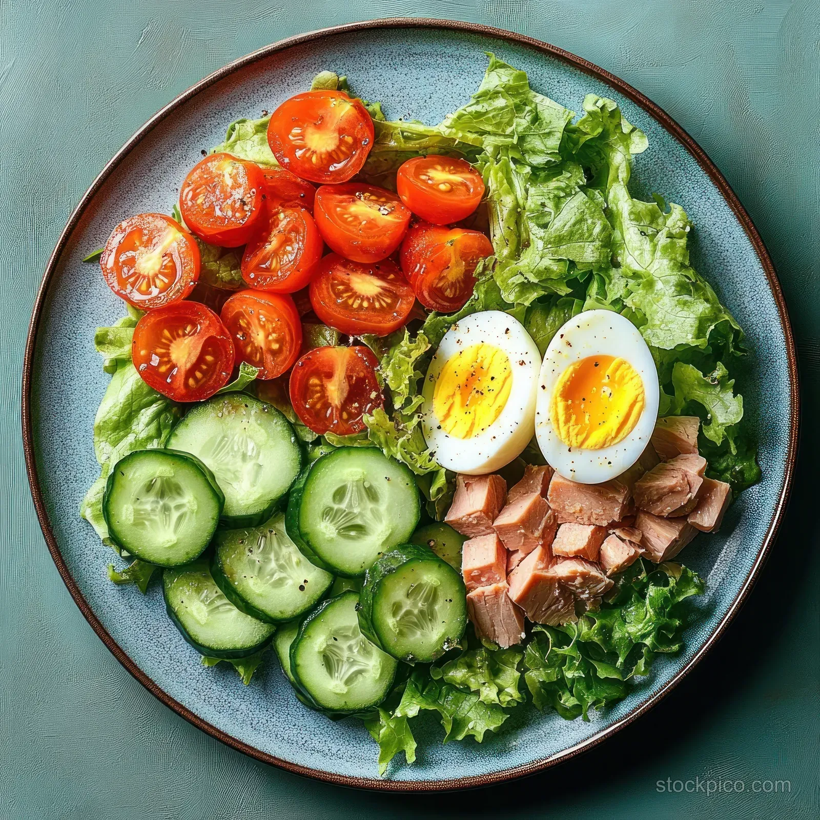 A ceramic salad plate arranged with cherry tomatoes, cucumber slices, chopped chicken, and boiled egg halves on green lettuce.