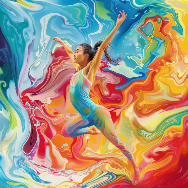 A female artistic gymnast in a midair pose with swirling multicolor paint-like ribbons behind her.