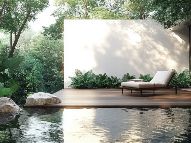 Sunlit minimalist pool terrace with a wooden deck, lounge chair, calm water, and lush greenery behind a white wall.