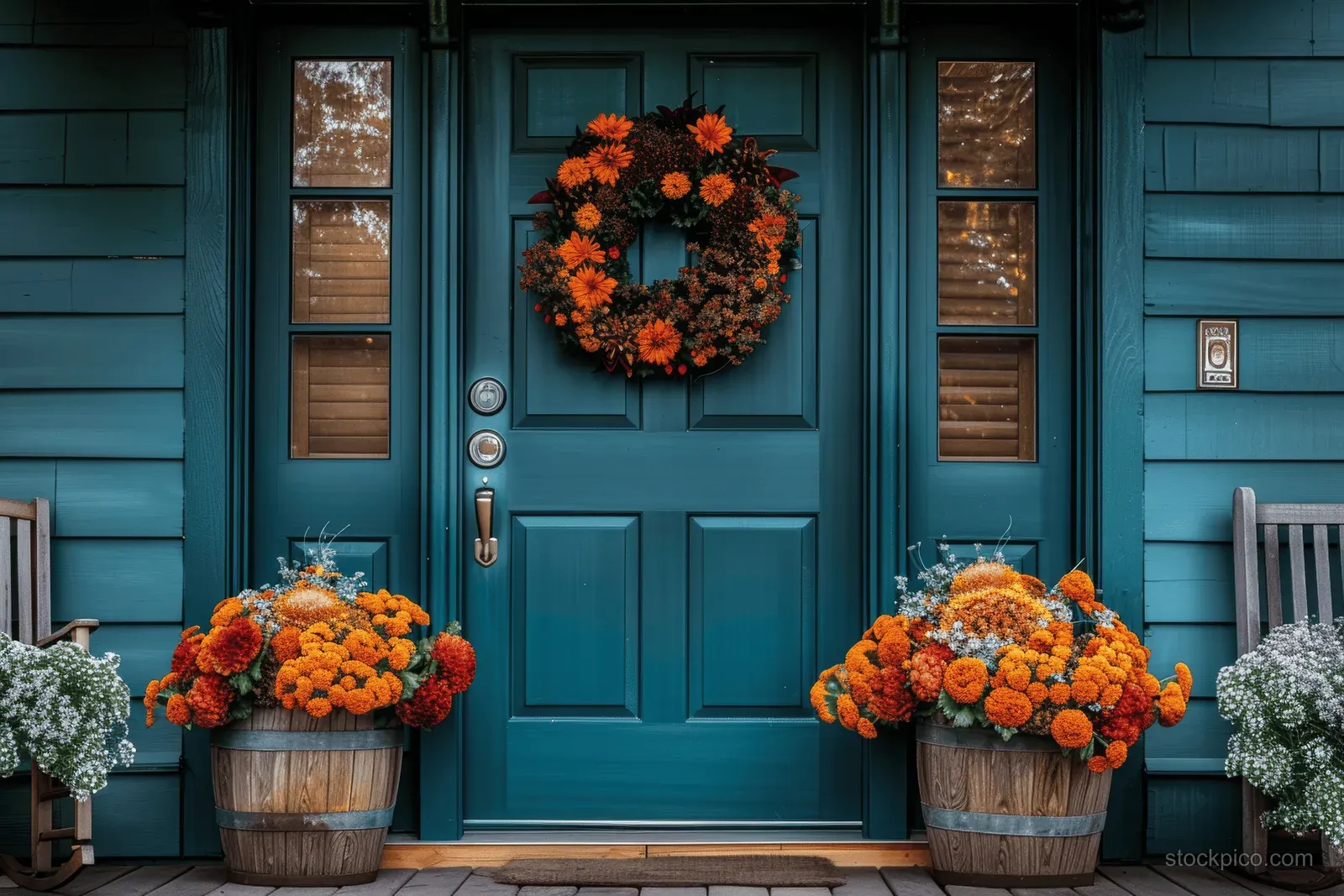 Teal front door features a pumpkin wreath and two potted chrysanthemums on the porch steps.