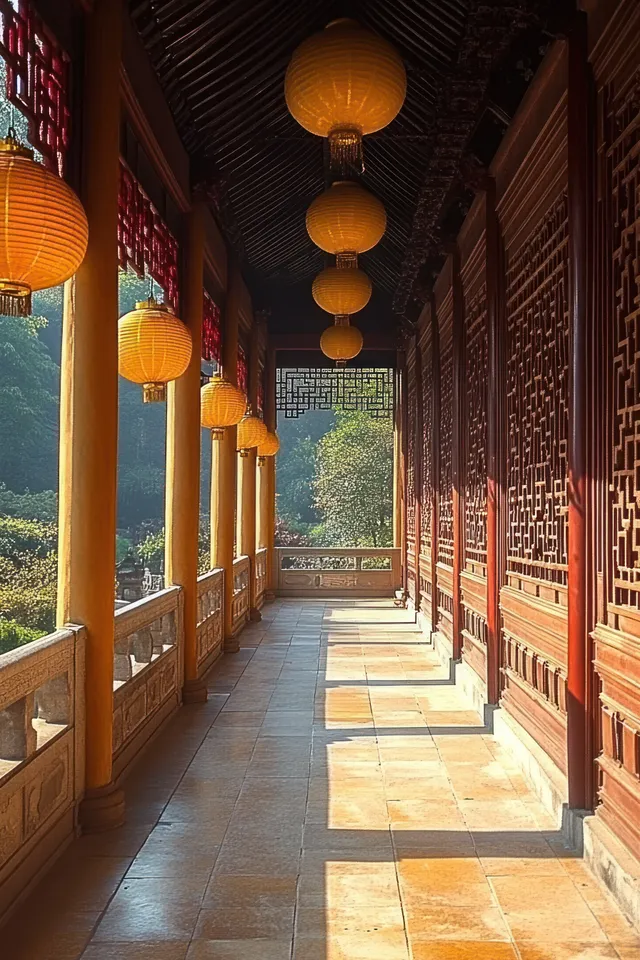 Sunlit wooden corridor with hanging yellow lanterns, carved panels, and greenery visible through open doors.