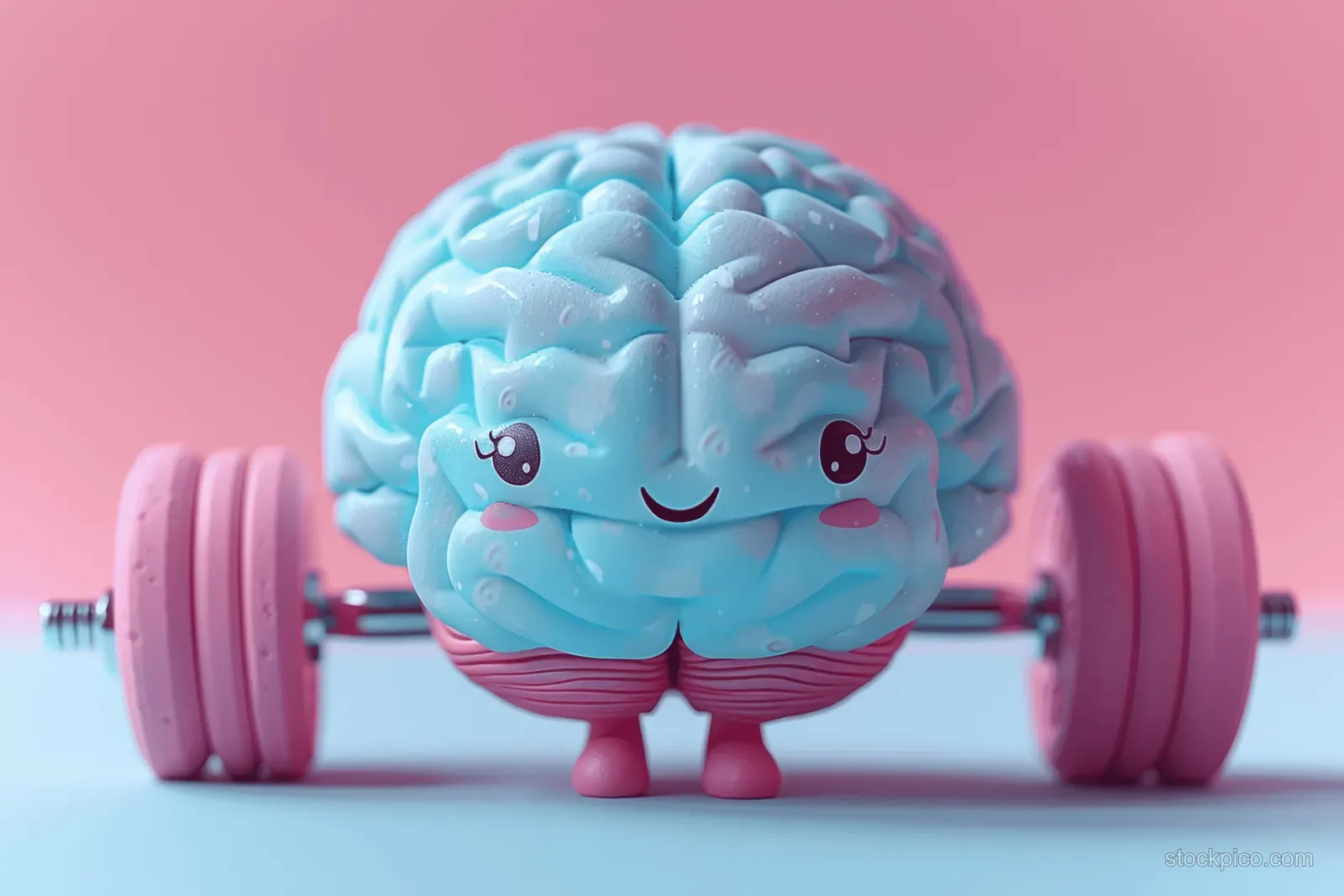A smiling cartoon brain lifts pink dumbbells in a gym with a bright pink background.