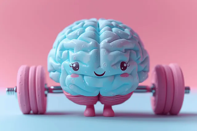 A smiling cartoon brain lifts pink dumbbells in a gym with a bright pink background.