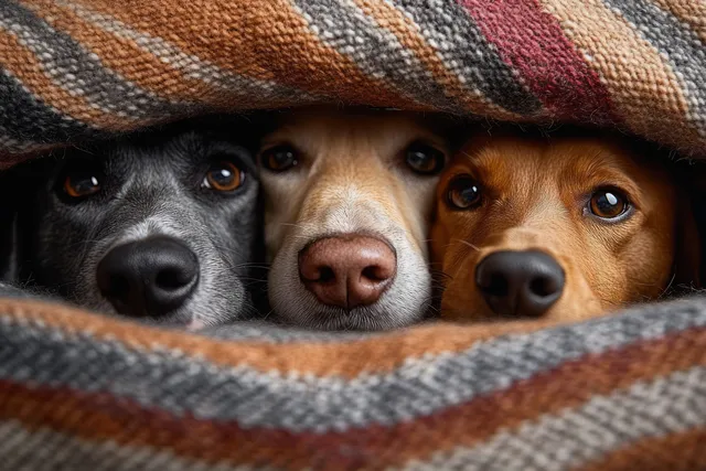 Three dogs peeking from a striped blanket nest with warm orange and gray threads