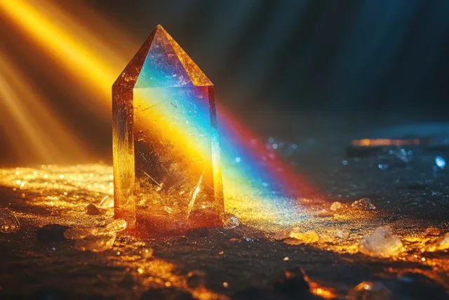 Prismatic crystal beam emitting rainbow light rays onto dark textured background