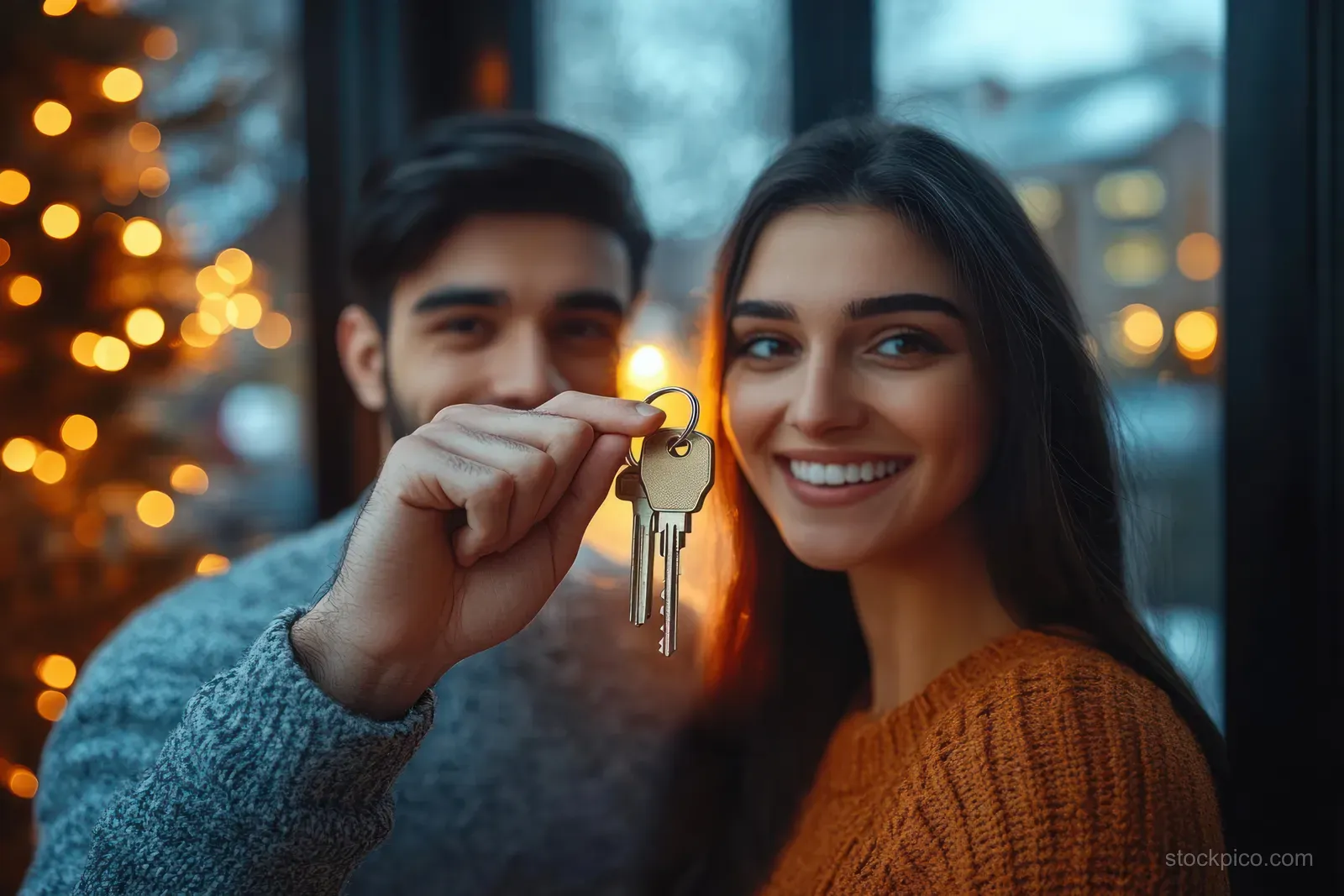 Young Indian couple smiles while one holds house keys in a cozy living room with warm lights behind them.