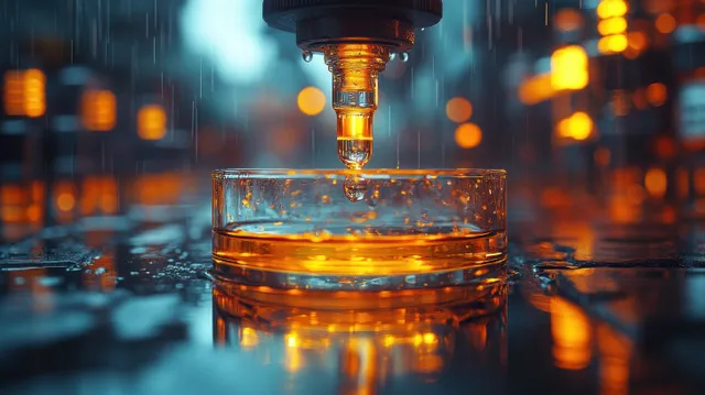 A pipette pours a droplet of amber liquid into glassware as laboratory lights blur in the background.