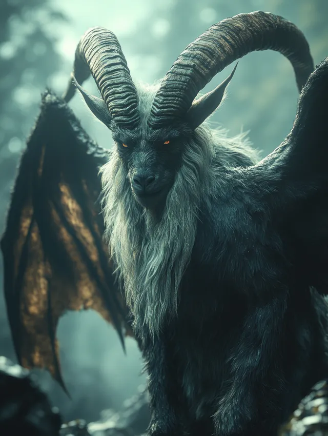 Goat-horned Jersey Devil with bat wings looms in foggy pine forest with dark shadows.