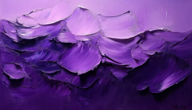 Abstract purple impasto brushstrokes with raised ridges and layered texture on a canvas background.