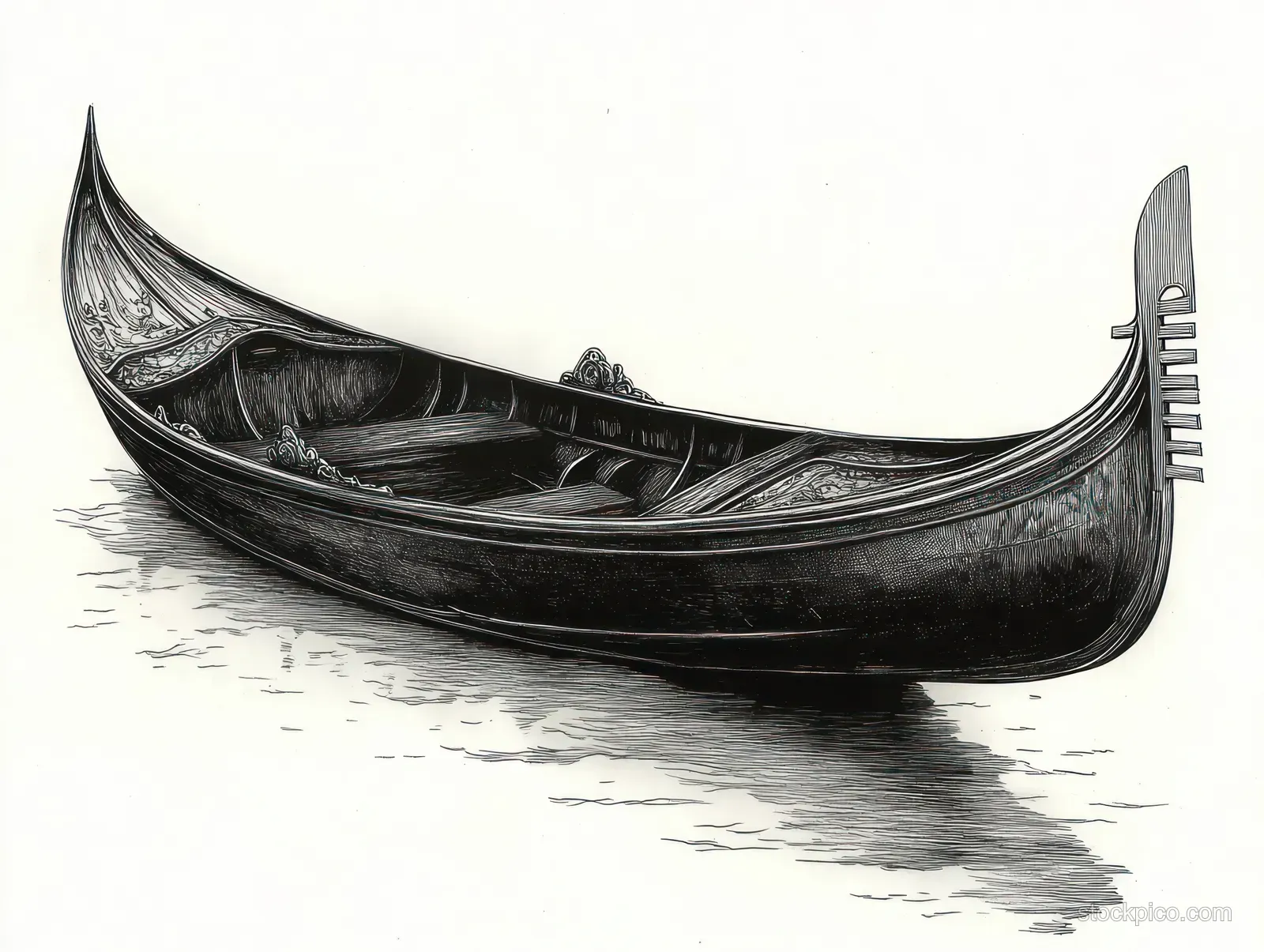 A black-and-white gondola boat floats on still water, with detailed carved wood and a reflection beneath it.