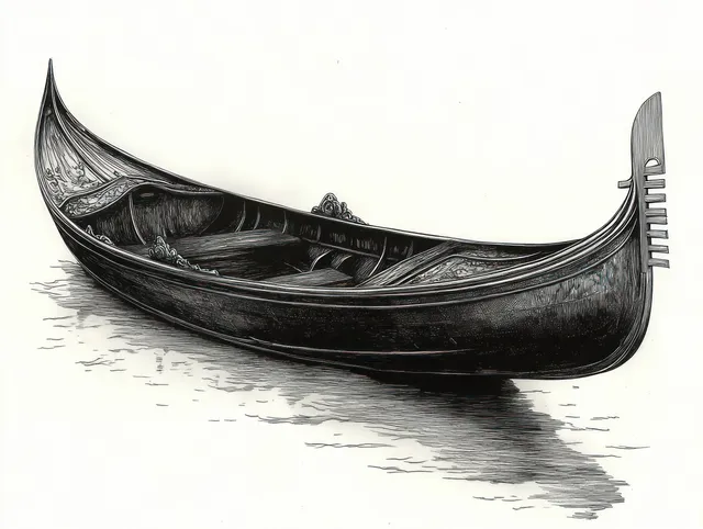 A black-and-white gondola boat floats on still water, with detailed carved wood and a reflection beneath it.