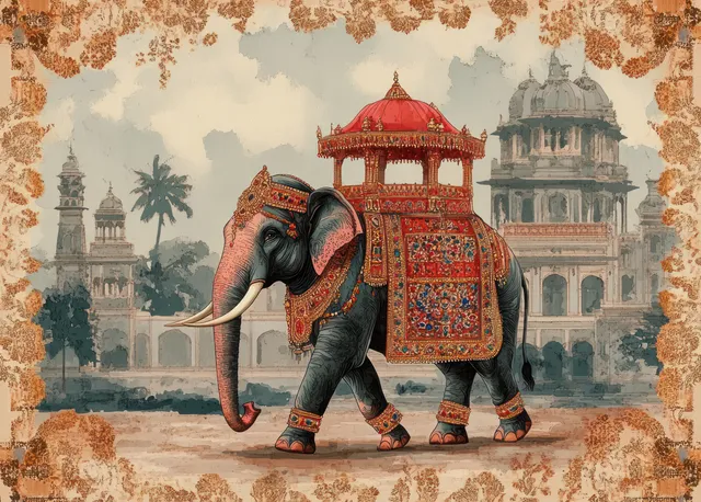 Ornately decorated royal elephant stands before a Mughal palace amid vintage watercolor floral framing.