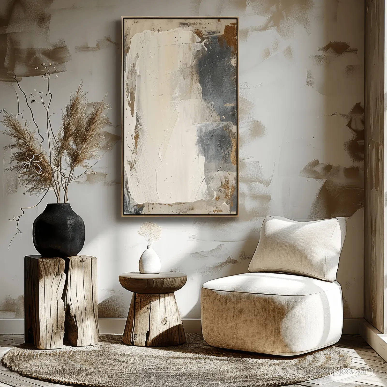 A minimalist living room showcases a beige armchair, wooden side table, black vase, and abstract wall art in a Scandinavian style.