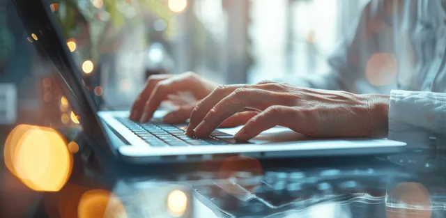 Woman’s hands typing on a laptop keyboard on a desk with blurred office lights behind.