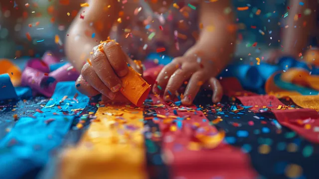 Children crafting a firecracker toy with colorful paper at a lively birthday celebration