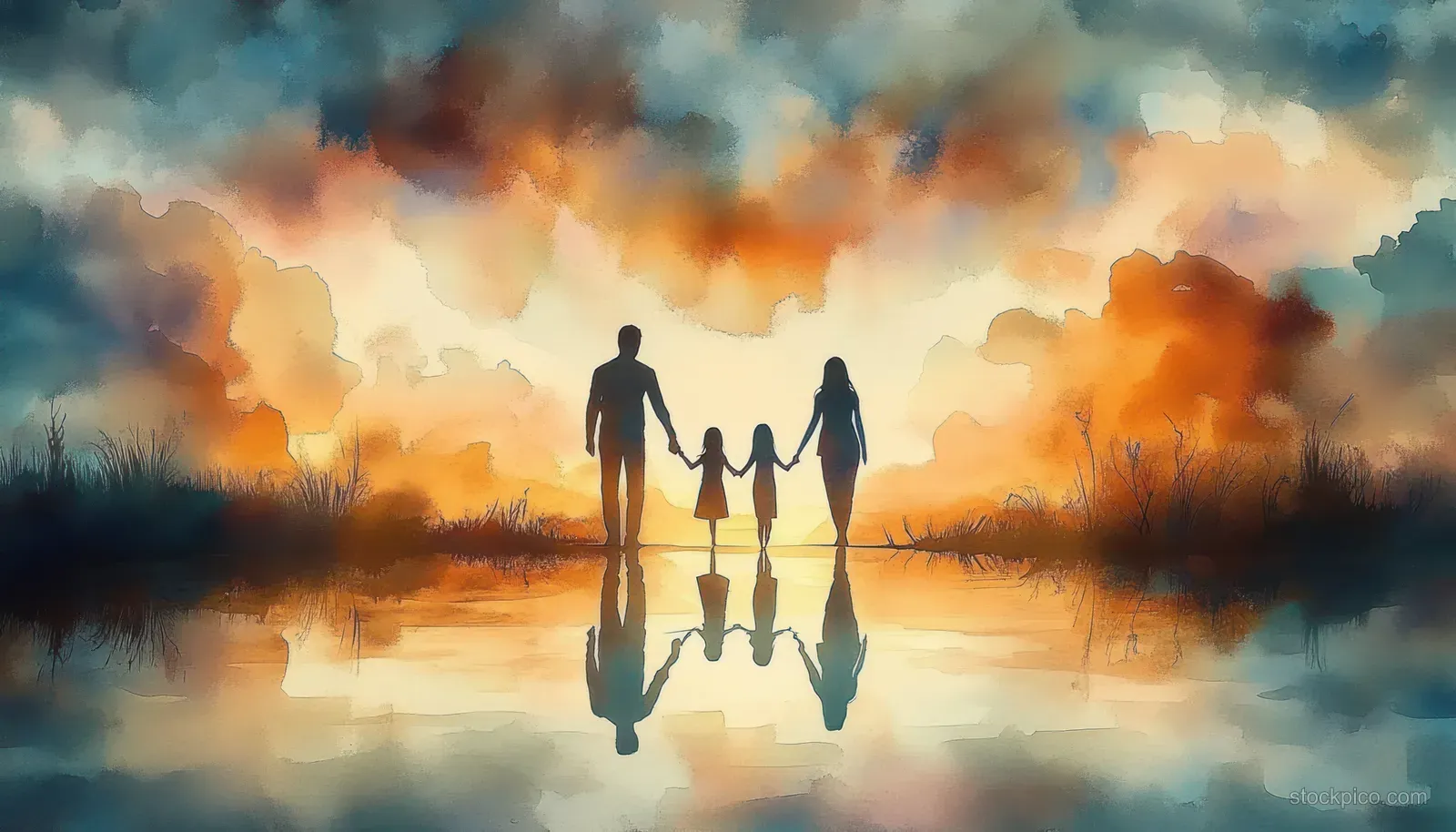 Three people hold hands by reflective water as a glowing watercolor sky fills the background with soft clouds.