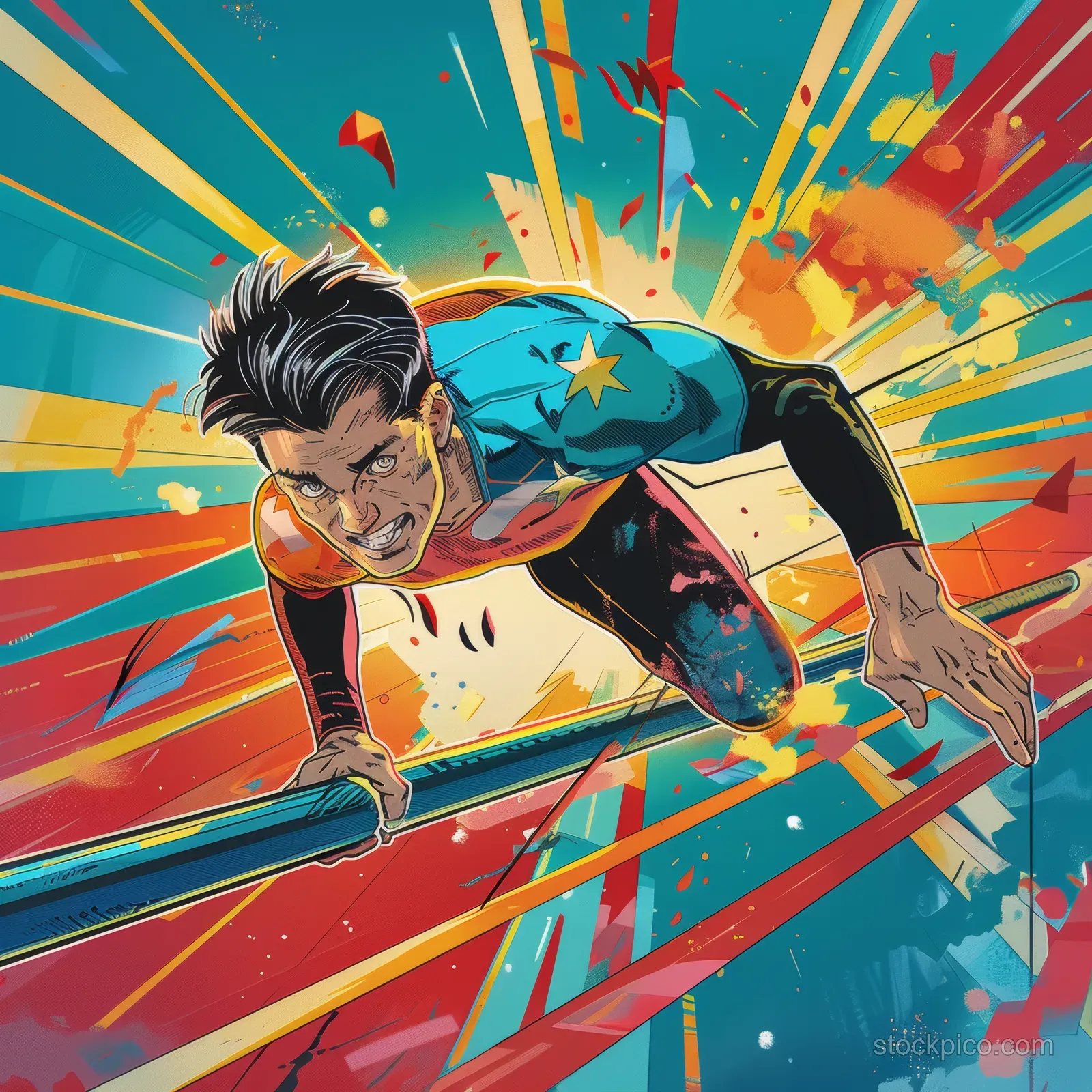 A stylized male gymnast balances on a pommel horse with dynamic Japanese burst colors behind him.