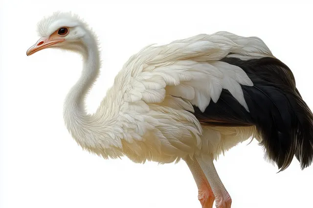 White ostrich portrait with orange beak and black tail feathers on pure white background