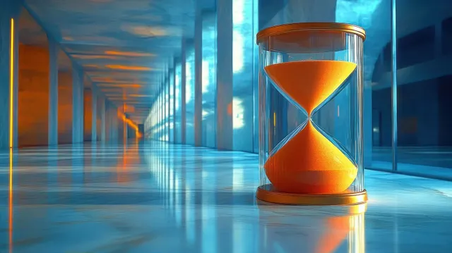 Orange hourglass with flowing sand in a futuristic blue-lit hallway with a reflective floor.