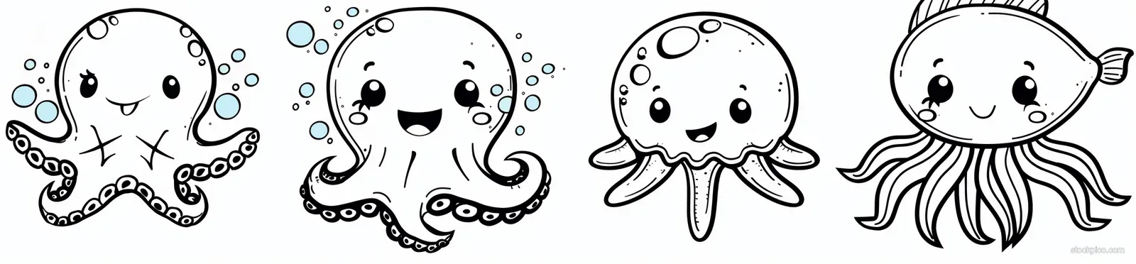 Four simple sea animal line drawings—octopus, jellyfish, starfish, and shark—shown together for coloring.