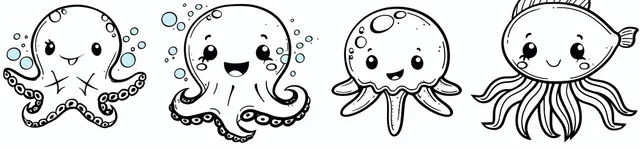 Kids coloring page sea animals—octopus, jellyfish, starfish, shark—line cartoon outlines