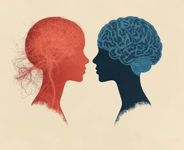Two side-profile faces facing each other, split into red and blue brain textures representing mood contrast.