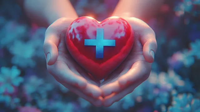 3D hands cradle a glowing red heart with a blue medical cross against a soft blue bokeh background.