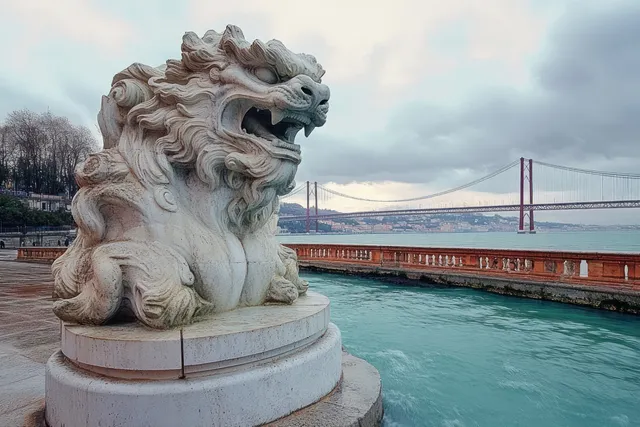 A carved stone lion statue on a waterfront pedestal overlooks a river and suspension bridge in cloudy weather.