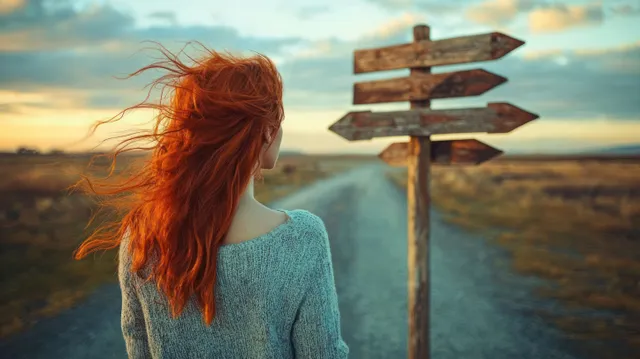 A red-haired woman stands on a deserted road, facing multiple wooden direction signs at dusk beneath cloudy skies.