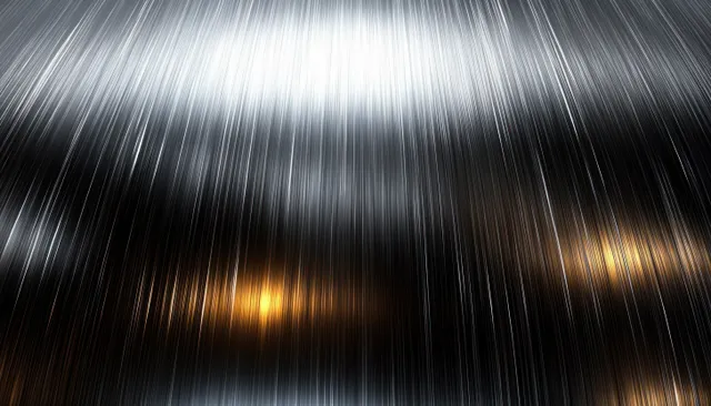 Close-up brushed steel surface with fine parallel lines and subtle gold reflection streaks.