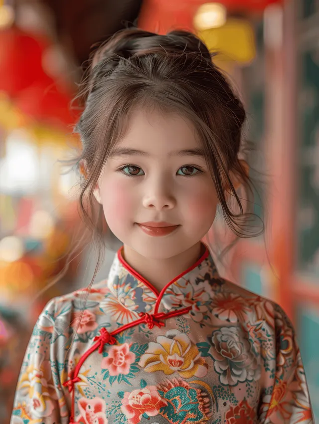 A little girl in a colorful floral qipao smiles in front of traditional Chinese buildings with festive lantern colors.