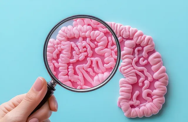 Magnifying glass examining pink intestines brain-like model on blue medical concept background