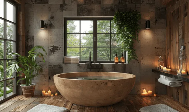 Loft bathroom scene with a large round bathtub, lit wall sconces, and a glass door leading to a winter garden.